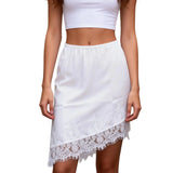 MQTIME  -  Women's Satin Silk Lace Patchwork Midi Skirt Elegant Solid Color Asymmetric Hem Knee Length Elastic Waist Silky Skirt