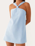 MQTIME  -  Elegant Floral Print Halter Neck Backless Dress Women s Summer Sleeveless Casual Mini Dress Solid Color Fashion