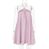 MQTIME  -  Loose Striped Halter Short Dress Women Chic Lace Up Sleeveless Backless A-line Beach Dresses  2025 Summer Lady Holiday Robes