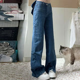 MQTIME  -  Ladies Fashion Stitching Edge Ruffles Office Pants 2025 Elegant High Waist Straight Denim Trousers Women Chic Jeans Long Pants