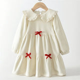  MQTIME  -  Autumn Winter New Girls Dress Kids Fleece Lace Collar Long-Sleeved Gown Children Turn-down Vestidos Princess Fashion Bow Clothes