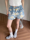 MQTIME  -  Women's Summer New Daisy Printed Denim Shorts Street High Waisted A-line Wide Leg Bottoms Casual Female Straight Mini Pants