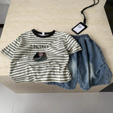  MQTIME  -  Boys Suit Spring/summer New Childrens Clothes Boys Baby Print Stripe T-shirt Denim Cropped Pants Two-piece Set Simple