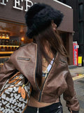MQTIME  -  Vintage Patchwork PU Leather Women Coat Zipper O Neck Lady Jacket 2024 Full Sleeve Fashion Autumn Winter Pocket Female Overcoat
