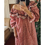 MQTIME  -  French Retro Floral Print Nightgown 100% Cotton Women's Sleepwear Summer Loungewear