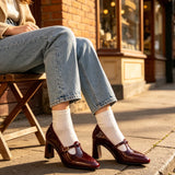 MQTIME  -  Retro Burgundy Chunky-Heel Women's Pumps and Heels T-Strap Buckle Design Pointed-Toe Mary Jane Shoes Elegant Party Designer Shoe