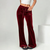 MQTIME  -  Solid Color Velvet Pants Casual Slim Flared Pants For Woman Autumn Women's Pants High Waist Drawstring Trousers Female Clothing