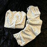 MQTIME  -   Pajama Set Autumn Korean Style Heart Bow Print Long Sleeve Cute Loungewear Ruffle Trim Button Up Home Sleepwear Korean Style