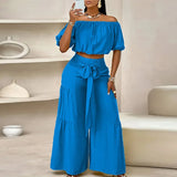 MQTIME  -  Fashion Streetwear Tie Up Commuter Outfit New Summer Solid Loose Two Piece Women's Casual Short Sleeve Top + Wide Leg Pants Suit