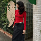 MQTIME  -  Spring American Sexy Hollow Spicy Girl Long Sleeve T-shirt Women Tops Solid Color Versatile Slim Fit Short Top for Outer Wear