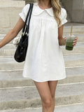 MQTIME  -  Summer Korean Peter Pan Collar Puff Sleeve High Waist Loose Solid All Match Short Woman Dress