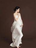 MQTIME  -  White Maternity Photography Props Maxi Maternity Gown Silk Cloth Maternity Dress Elegant Satin Shooting Photo Pregnant Dress Plu