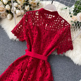MQTIME  -  Summer New Mid Length Dress Women Dresses A Line Vestidos Hollow Out Round Neck Short Sleeve Single Breasted Elegant High Waist
