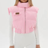 ﻿ MQTIME  -  Solid Cotton Padded Coat Vests Women Fashion Warm Stand Collar Sleeveless Zipper Parkas Jackets 2025 Fall Winter Puffy Crop Tops