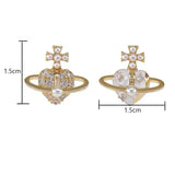Mqtime Vintage Simulated Pearl Oil Drip Copper Heart Planet Stud Earrings for Women Shiny Cross Zironia Fashion Party Jewelry