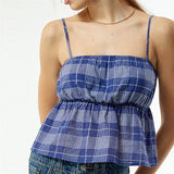 MQTIME  -  Korean Plaid Patchwork Slim Casual Spaghetti Strap Top Retro Y2K Sleeveless Backless Tank Top 2025 Summer New Streetwear Camis