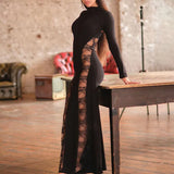 MQTIME  -  Sexy Embroidery Splicing Wrap Hip Dress Women Elegant O-neck Long Sleeve Gowns Dress Fashion Hight Waist Solid Slim Long Dress