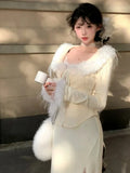  MQTIME  -  France Elegant Slim Two Piece Sets Long Sleeve Fur Collar Tops + Sweet Skirts Women Autumn Winter Fashion Design Outfits