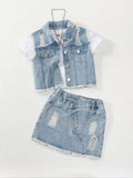 MQTIME  -  Girls Casual Style Sleeveless Top with Distressed Denim Skirt Set - Trendy Outfit for Kids