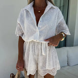 MQTIME  -  New Summer White Casual Lapel Shorts Playsuits Sexy Lace Embroidered Hollow Shirt Jumpsuit Ladies Fashion Lace Up Holiday Romper