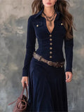  MQTIME  -  Elegant Turn-down Collar Button Long Maxi Dress Woman Sexy Slim A-Line Dress Vintage Long Sleeve Spring Autumn Dress And Belt