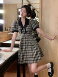 MQTIME  -  2024 Summer New Fashionable French Slimming Large Bow Bubble Sleeves Black and White Plaid Dress V-neck Short Skirt for women