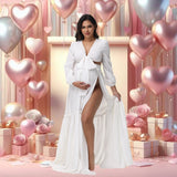  MQTIME  -  Maternity Photoshoot Outfit V-Neck Long-Sleeved Sexy Wrap Top Side-Slit Long Skirt Set Pregnant Woman For Baby Shower