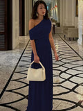 MQTIME  -  Women Navy Blue Asymmetrical One Shoulder Maxi Dress Elegant Chic  Formal Evening Gown Women's Wedding Party Long Dresses