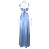 MQTIME  -  Hollow Out Lace Up Halter Backless Satin Maxi Dress Women Sexy Ruched Strapless Spaghetti Straps A-line Club Party Long Robe