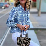 MQTIME  -  Fashion Stand Collar Commuting Blouse Women Causal Puffed Long Sleeve Slim Office Shirt Elegant Plaid Print Single breasted Tops