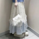 MQTIME  -   Ancient mixed skirt women's French sweet ins wind lace splicing floral elastic waist ruffle edge A-shaped long dress