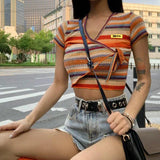MQTIME  -  Bandage All-Match Irregular Criss Cross Fashion Casual Crop T-Shirts Summer Women Short Sleeve V-Neck Multicolor Stripe Top