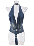 MQTIME  -  Sexy Blue Denim Short Halter Vests Women Chic Sleeveless Backless Off Shoulder Hollow Out Tops 2025 Summer Night Club Party Wear