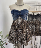 MQTIME  -  Y2k Lace-up Bandage Leopard Patchwork Sheer A-LINE Sleeveless Strapless Vest