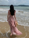 MQTIME  -  New French Sweet Pink Ruffles Beach Holiday Sleeveless Dress Women O-neck Slim Print Midi Tank Cake Long Dress Vestidos