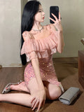 MQTIME  -  Summer Pink Sequins Patchwork Mesh Ruffled Sexy Sling Dress Women Fashion International Brand Dress 2024 Elegant Bodycon Dresses