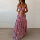 MQTIME  -  Retro Plaid Backless Cross Vacation Dress Sexy Suspender Off Shoulder Splice Dress Temperament Pleated Waist Cinch A-Line Dress