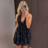 MQTIME  -  Hot Girls V-Neck Glitter Big Hem Dresses Fashion Hollow Backless Night Club Party Dress Women Elegant Pleat Waisted Mini Dress