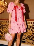 MQTIME  -  Women's Cute Satin Bownot Tied Heart Print Puff Short Sleeve Ruffle Hem Tiered Flowy Loose A-Line Mini Babydoll Dress
