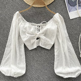 MQTIME  - Summer Boho Style Women Shirts Retro Square Collar Long Sleeve Loose White Crop Top Lantern Sleeves Crocheted Hollow Blouse