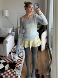 MQTIME  -  See Through Knitted Shirts For Women Slim Lace Up Off Should Long Sleeve T-shirts Ladies Bandage Knitwear Cover-up Woman