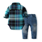 MQTIME  -  2Piece Spring Autumn Newborn Boy Clothes Korean Outfit Sets Fashion Plaid Long Sleeve Bodysuit+Jeans Baby Luxury Clothing BC1328