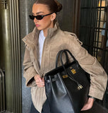 MQTIME  -  Women Casual Suede Jacket Standing Collar Pockets Loose Jacket Coat Fall Winter Fashion High Street Lady Jacket