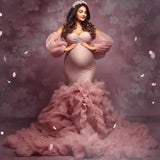 MQTIME  -   Luxury Mermaid Evening Dresses for Photoshoot Off Shoulder Ruffles Pregnant Women Robes Sexy Long Sleeves Maternity Gowns