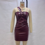 MQTIME  -  Clubwear Sexy Pu Leather Bodycon Dress Slim Slash Neck Sleeveless Mini Dresses For Women 2025 Summer Fashion Party Robes
