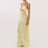 MQTIME  -  Flower Print Patchwork Strapless Evening Dress Lady Casual Off Shoulder High Waist Party Dress Elegant Backless Slim Long Dress