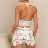 MQTIME  -  New Style Backless Tie Up Top Hollow Out Short Suit Beach Vacation knitted Swimsuit Cover Up Sexy Fashion Beachwear Set
