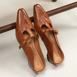 MQTIME  -  Vintage Brown Soft Leather Mules Women Square Toe Buckle T Strap Low Heel Slingback Slippers Female Casual Outdoor Slides Shoes
