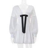 MQTIME  -  New Slim Waist Pure Desire V-neck Bow Dress Temperament Design Sense French Long Sleeve Waist Skirt