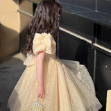 MQTIME  -  Girls Princess Long Dress Fashion Bow Sequin Puff Sleeve Tutu High End Formal Party Gown Ball New Style Children Evening Dress